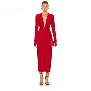 NORMA KAMALI
Long Sleeve Deep V Neck Center Front Slit Gown